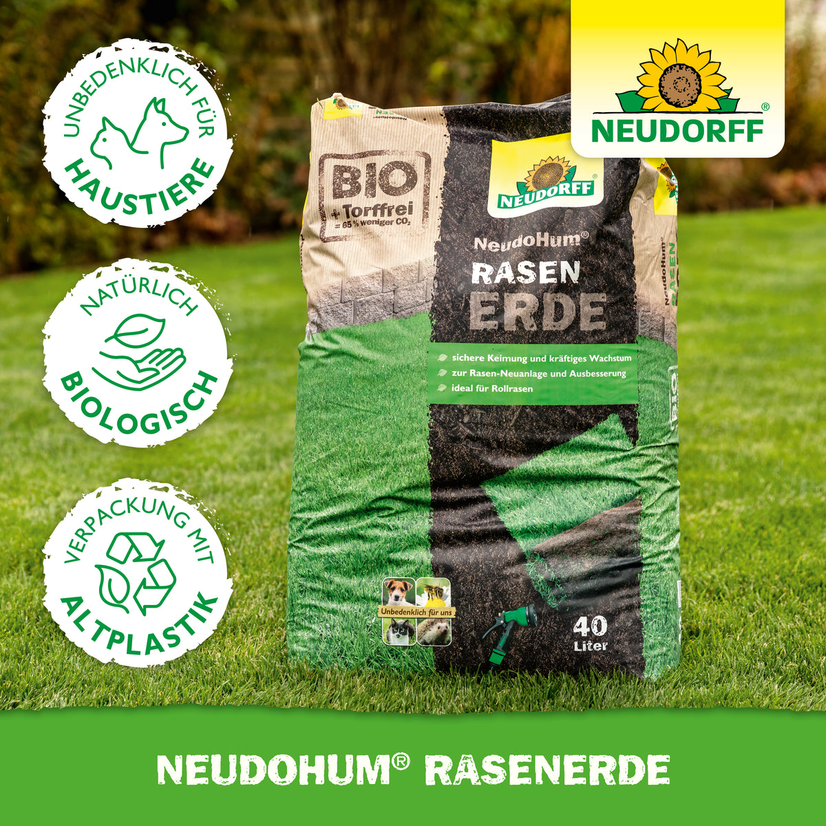 Die torffreie NeudoHum Rasenerde zur Rasenneuanlage oder Rasenausbesserung ist unbedenklich für Haustiere