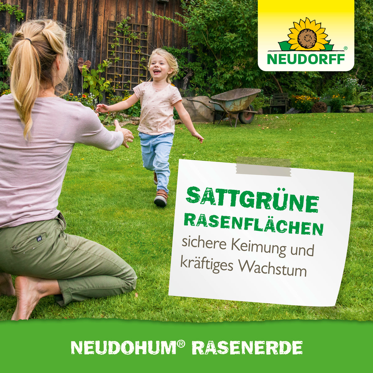 Die torffreie NeudoHum Rasenerde für sattgrüne Rasenflächen, eine sichere Keimung und ein kräftiges Rasenwachstum