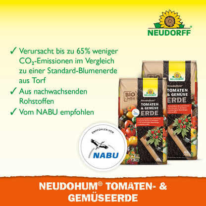 NEUDOHUM Tomaten- und Gemüseerde ist aus nachwachsenden Rohrstoffen und vom NABU empfohlen