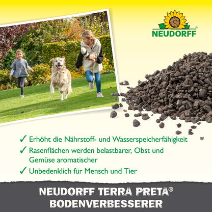 Mit dem Terra Preta Bodenverbesserer von Neudorff erhöhst du die Nährstoff- und Wasserspeicherfähigkeit aller Böden sofort und mit Langzeitwirkung, Rasenflächen werden belastbarer und Obst und Gemüse aromatischer