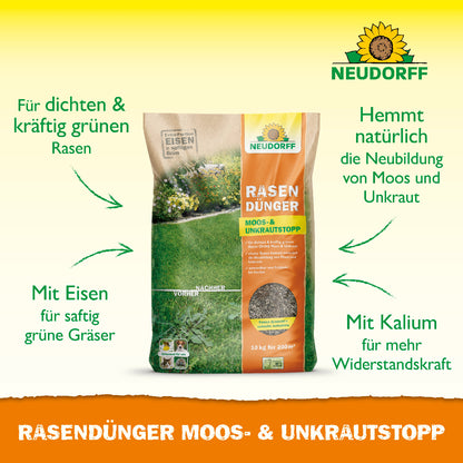 Neudorff Rasendünger Moos- und Unkrautstoff hemmt natürlich die Neubildung von Moss und Unkraut
