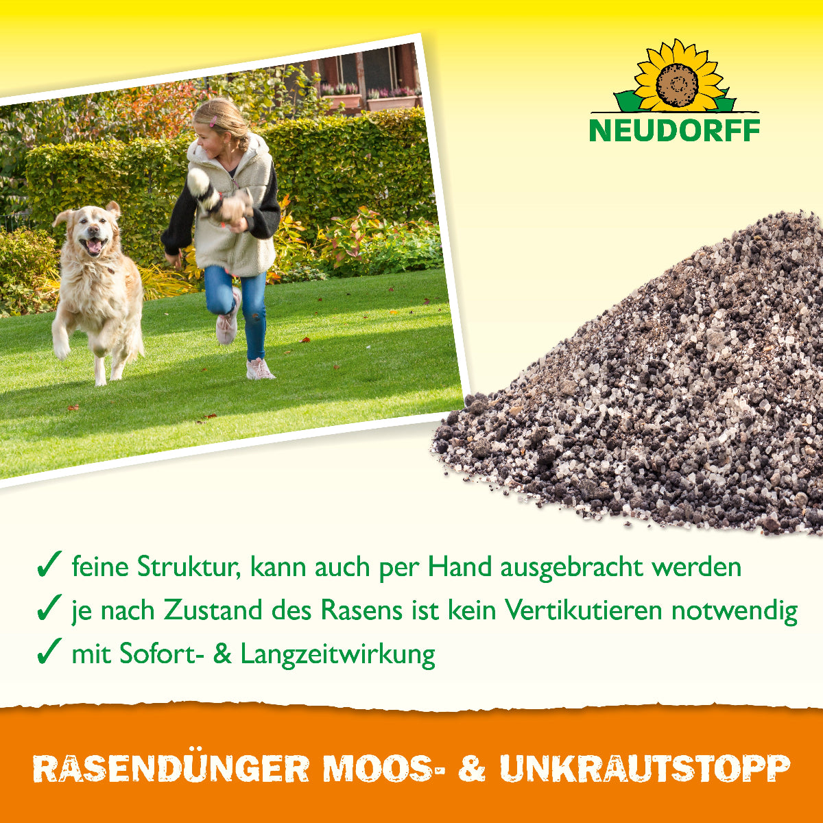 Neudorff Rasendünger Moos- und Unkrautstoff für einen dichten, kräftig grünen Rasen mit Langzeitwirkung