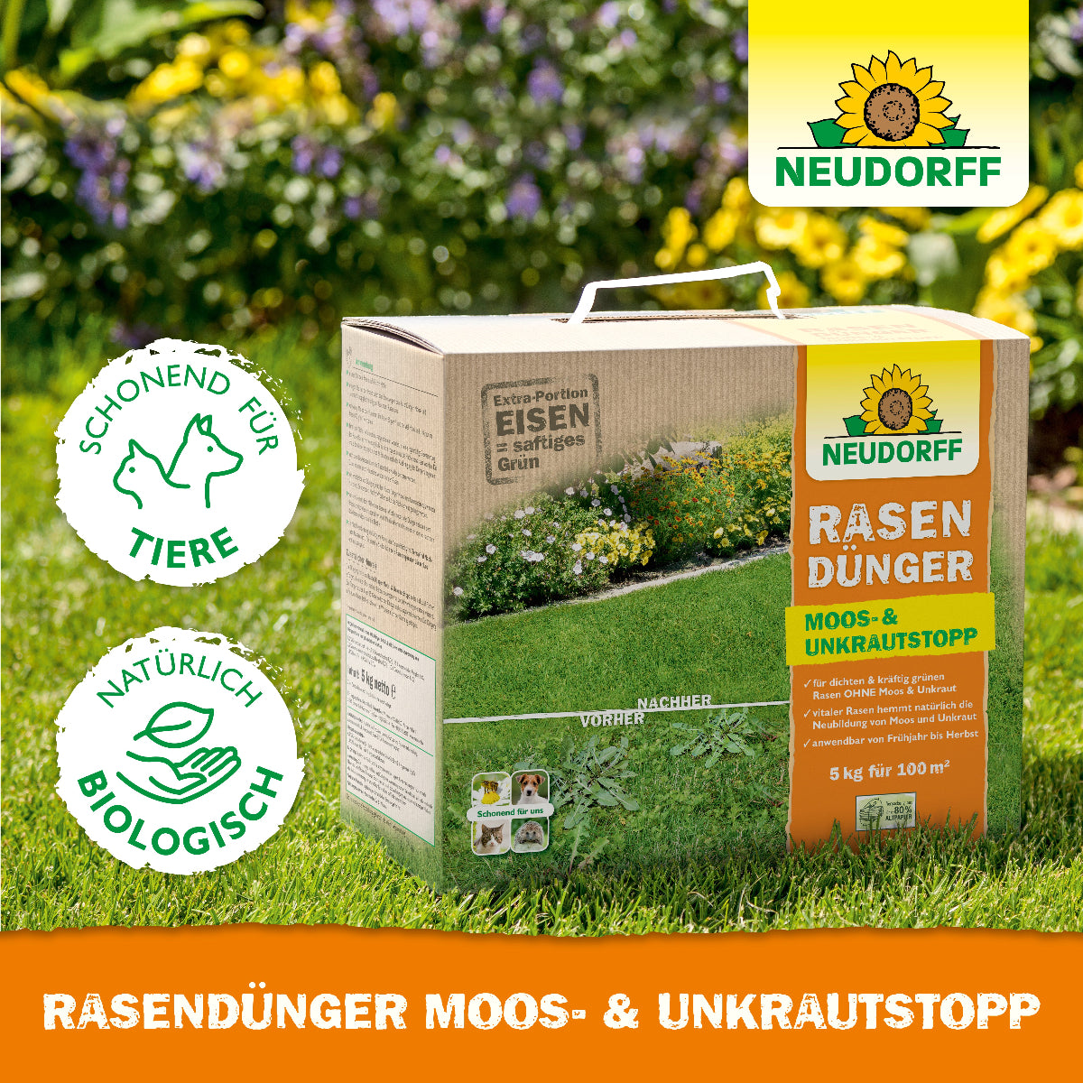 Natürlich und biologisch: Neudorff Rasendünger Moos- und Unkrautstoff für einen kräftigen, grünen Rasen