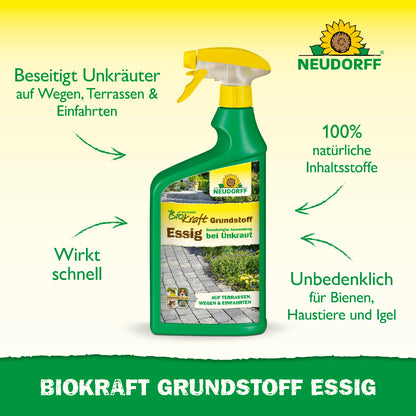 Biokraft Grundstoff Essig von Neudorff beseitigt laut Grfaik mit Produktverpackung in der Mitte Unkräuter auf Terrassen, Wegen und in Einfahrten und hat 100% natürliche Inhaltsstoffe