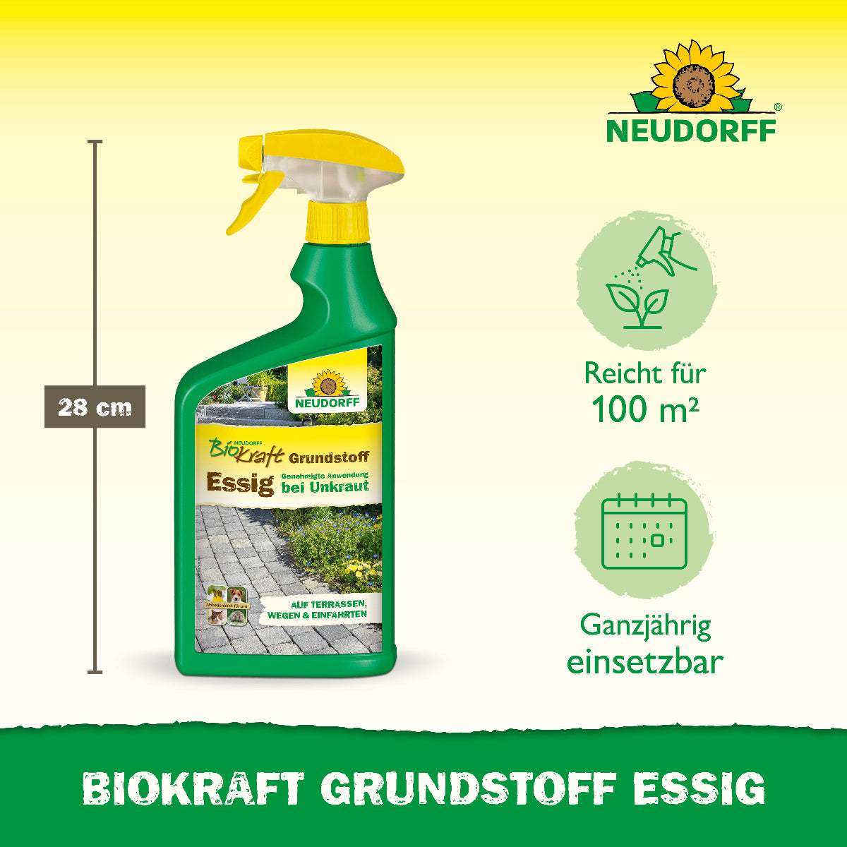 Biokraft Grundstoff Essig von Neudorff reicht laut Grafik mit Produktverpackung in der Mitte für 100 qm und ist ganzjährig einsetzbar