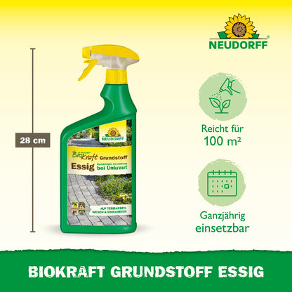 Biokraft Grundstoff Essig von Neudorff reicht laut Grafik mit Produktverpackung in der Mitte für 100 qm und ist ganzjährig einsetzbar