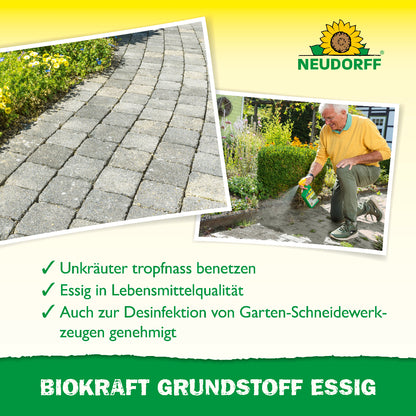 Biokraft Grundstoff Essig von Neudorff wird von einem Mann auf Gehweg gesprüht und der Hinweis ist abgebildet, dass Unkräuter tropfnass benetzt werden sollen sowie der Essig in Lebensmittelqualität ist