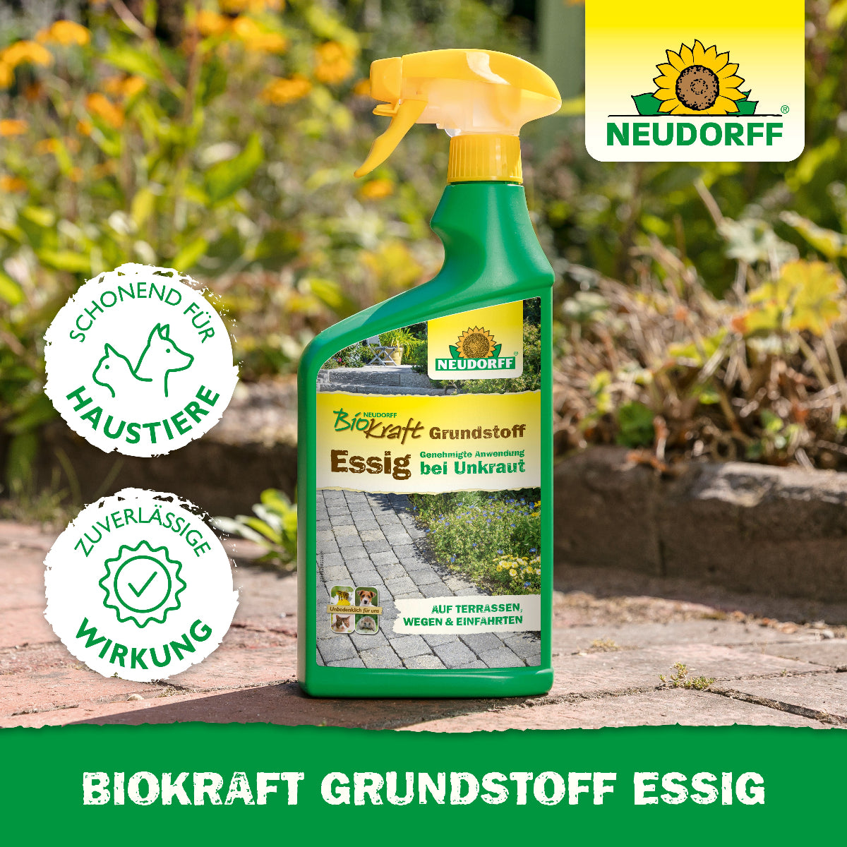 Biokraft Grundstoff Essig von Neudorff ist laut Grafik, in dessen Mitte das Produkt zu sehen ist,  schonend für Haustiere und zuverlässig in der Wirkung