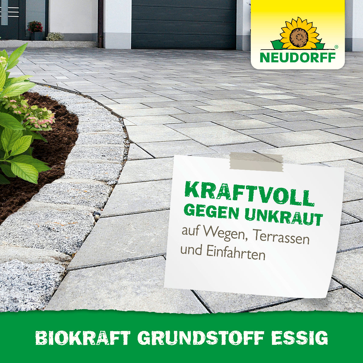 Biokraft Grundstoff Essig von Neudorff ist laut Abbildung mit Garageneinfahrt kraftvoll gegen Unkraut auf Wegen, Terrassen und in Einfahrten