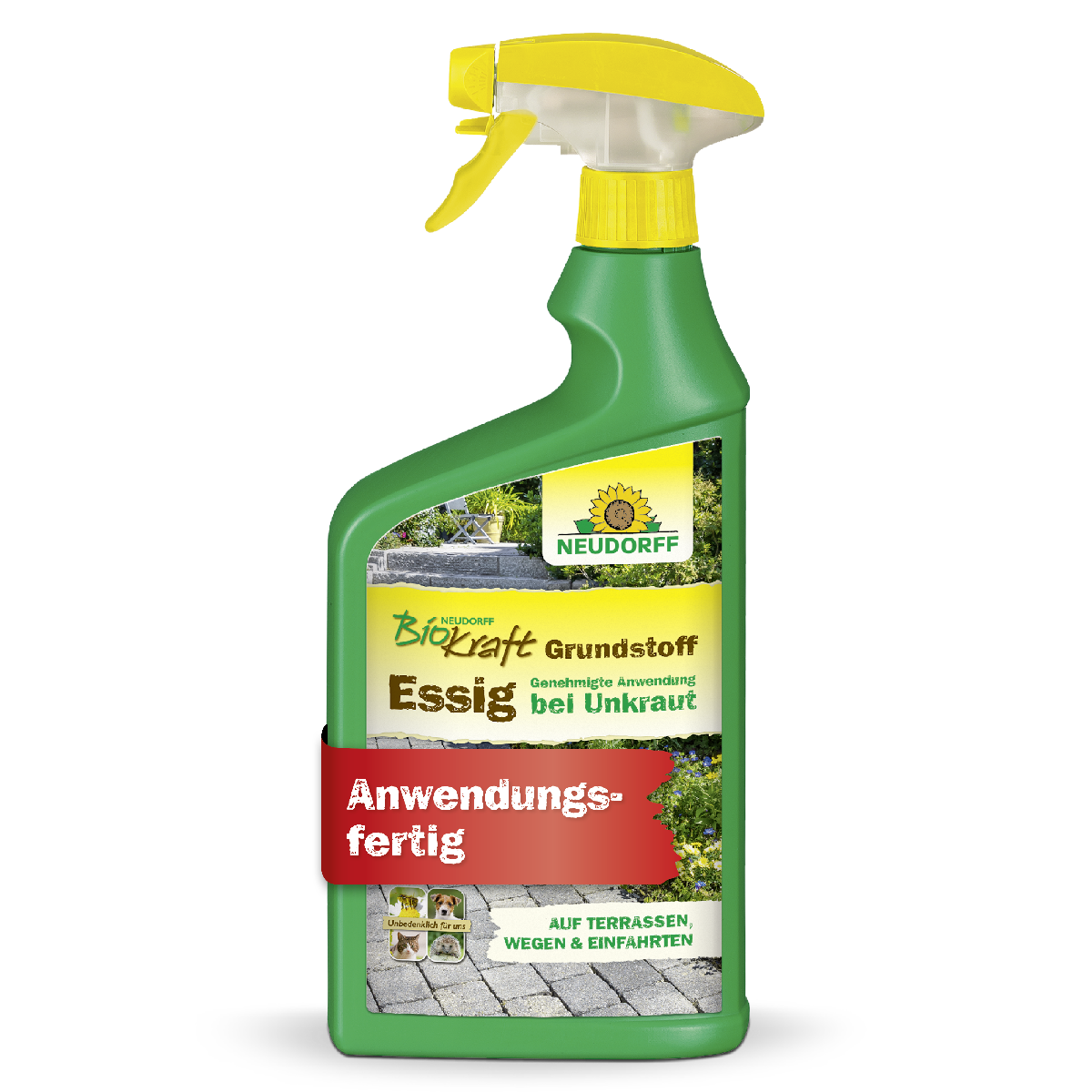 Biokraft Grundstoff Essig von Neudorff ist laut Produktverpackung die genehmigte Anwendung bei Unkraut auf Terrassen, Wegen und in Einfahrten