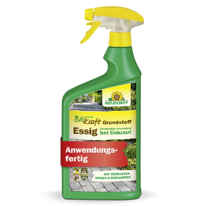 Biokraft Grundstoff Essig von Neudorff ist laut Produktverpackung die genehmigte Anwendung bei Unkraut auf Terrassen, Wegen und in Einfahrten