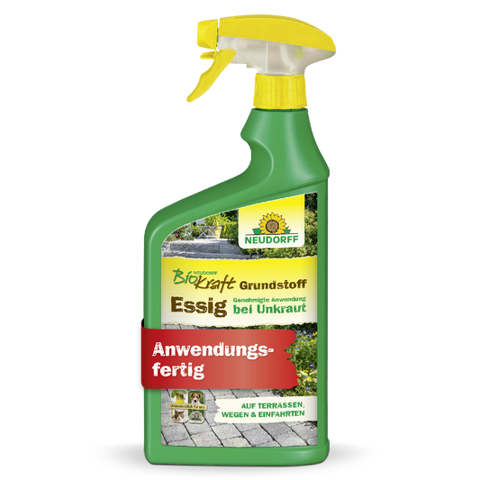 Biokraft Grundstoff Essig von Neudorff ist laut Produktverpackung die genehmigte Anwendung bei Unkraut auf Terrassen, Wegen und in Einfahrten
