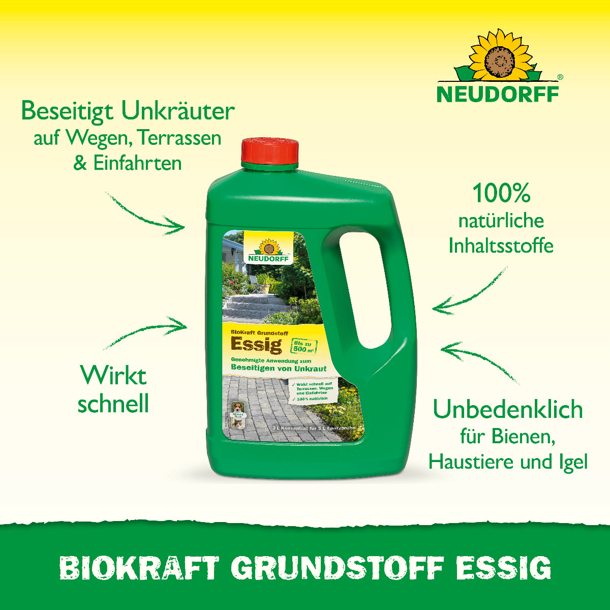 Neudorff BioKraft Grundstoff Essig gegen Unkraut Flasche Konzentrat mit 4 wichtigen Aussagen zum Produkt wie Beseitigt Unkräuter auf Wegen, Terrassen und in Einfahrten