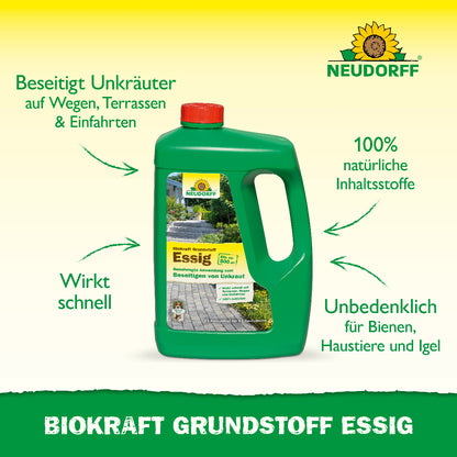 Neudorff BioKraft Grundstoff Essig gegen Unkraut Flasche Konzentrat mit 4 wichtigen Aussagen zum Produkt wie Beseitigt Unkräuter auf Wegen, Terrassen und in Einfahrten