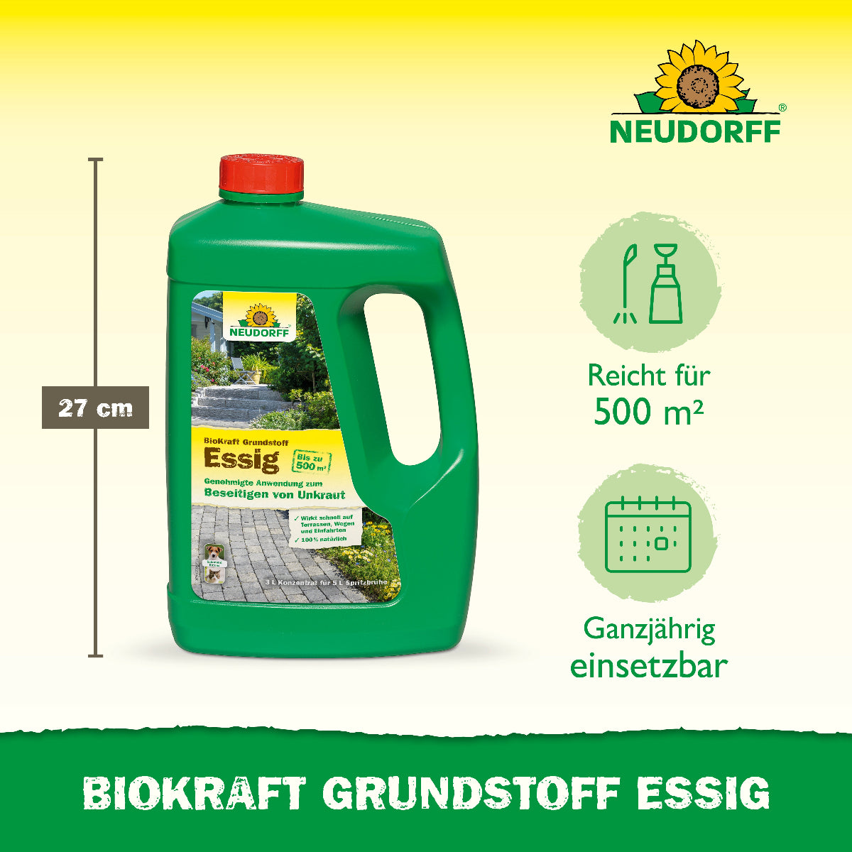 Neudorff BioKraft Grundstoff Essig gegen Unkraut Flasche Konzentrat reicht laut Bild für 500 qm und ist ganzjährig einsetzbar