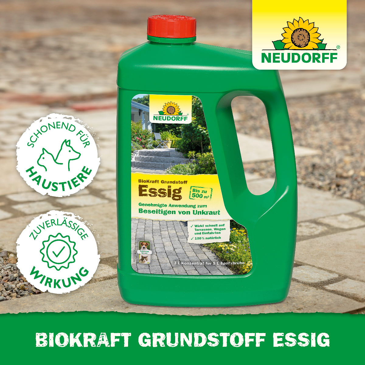 Flasche Neudorff BioKraft Grundstoff Essig gegen Unkraut und die Hinweise Schonend für Haustiere und zuverlässige Wirkung