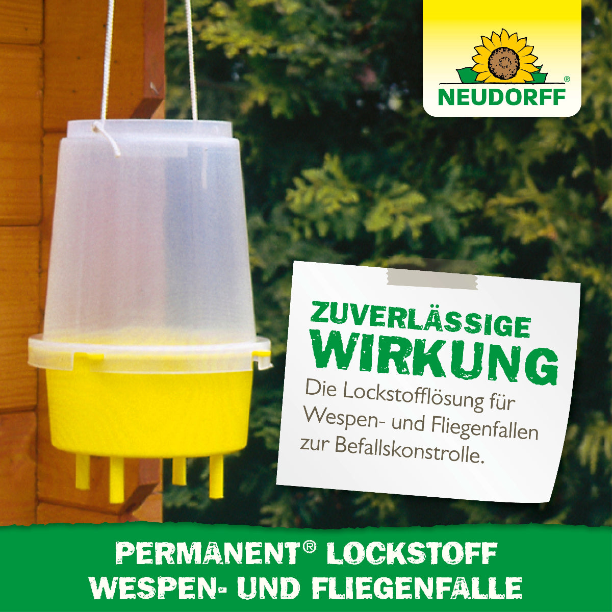Abbildung der nachfüllbaren Wespenfalle und Information zur zuverlässigen Wirkung des Produktes