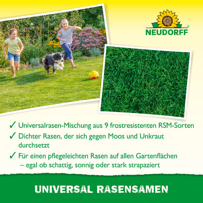 Kinder auf Rasen und darunter Informationen zum Neudorff Universal Rasensamen Produkt wie Universalrasen-Mischung aus 9 frostresistenten RSM-Sorten