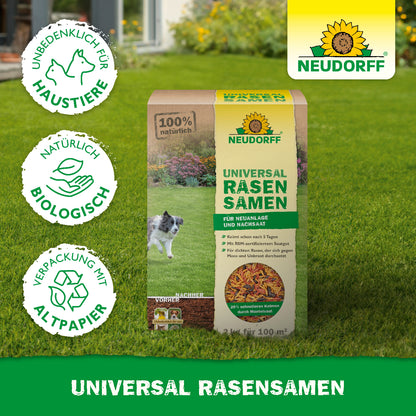 Das Produkt Universal Rasensamen von Neudorff, das laut abgebildeter Störer unbedenklich für Haustiere sowie natürlich biologisch ist und dessen Verpackung mit Altpapier ist