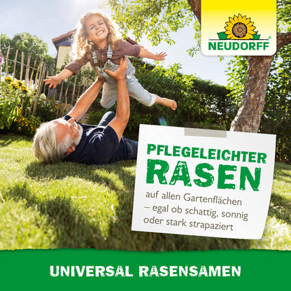 Kind und Großvater spielen auf Rasen und darunter Störer mit Aufschrift Pflegeleichter Rasen auf allen Gartenflächen