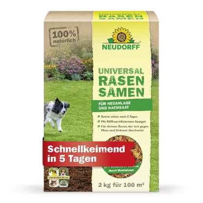 2 Kg Packung Universal Rasensamen von Neudorff mit dem Hinweis schnellkeimend in 5 Tagen