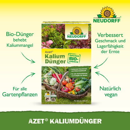 Der natürlich vegane Azet Kaliumdünger von Neudorff behebt einen Kaliummangel an allen Gartenpflanzenarten und verbessert sowohl Geschmack als auch Lagerfähigkeit der Ernte