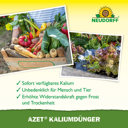 Mit dem natürlich veganen Azet Kaliumdünger von Neudorff sorgst du für eine erhöhte Widerstandskraft der Pflanzen gegen Frost und Trockenheit sowie ein gesteigertes Aroma und Lagerfähigkeit der Ernte