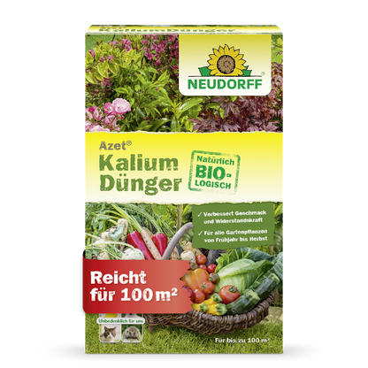 Du wünscht dir knackiges, aromatisches Gemüse und gesunde Pflanzen? Der natürlich vegane Azet Kaliumdünger von Neudorff verbessert sowohl Geschmack als auch Lagerfähigkeit der Ernte