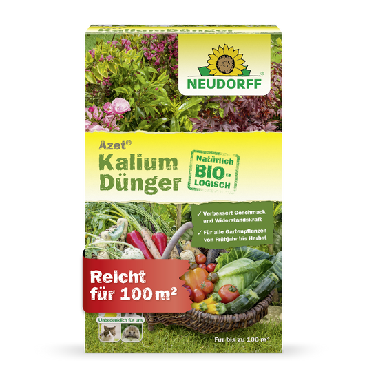 Du wünscht dir knackiges, aromatisches Gemüse und gesunde Pflanzen? Der natürlich vegane Azet Kaliumdünger von Neudorff verbessert sowohl Geschmack als auch Lagerfähigkeit der Ernte