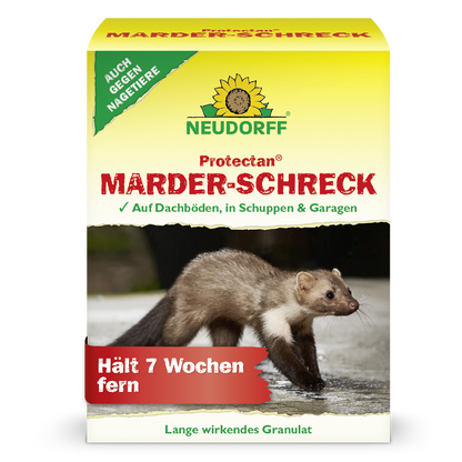 Laut Verpackung von Protectan Marder-Schreck von Neudorff hält das Produkt Marder und Nagetiere bis zu 7 Wochen auf Dachböden. in Schuppen und Garagen fern