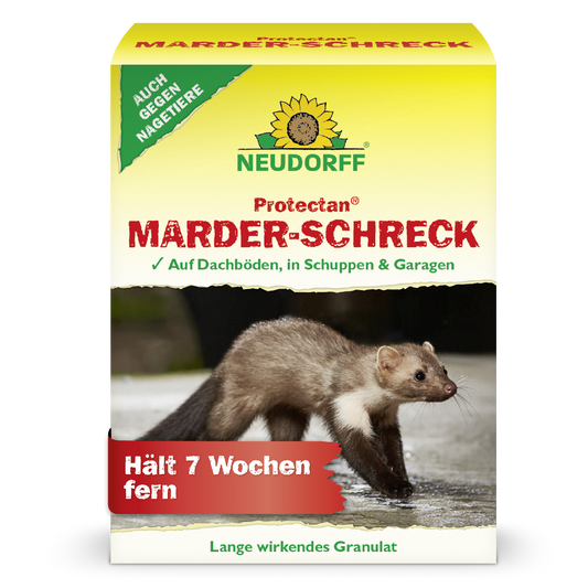 Laut Verpackung von Protectan Marder-Schreck von Neudorff hält das Produkt Marder und Nagetiere bis zu 7 Wochen auf Dachböden. in Schuppen und Garagen fern