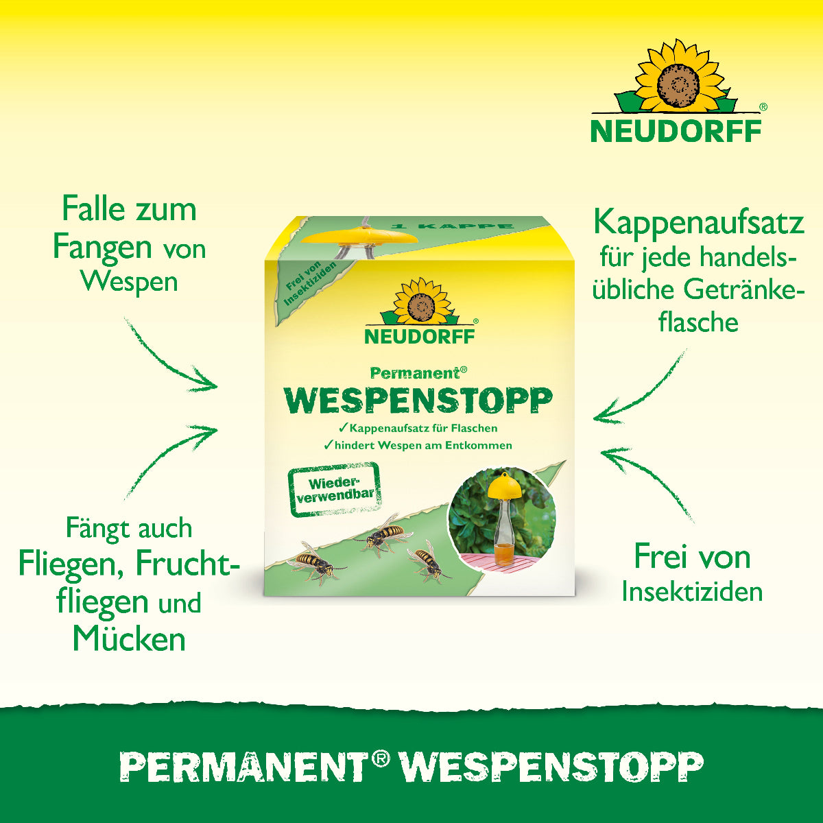 Mit dem insektizidfreiem  Permanent Wespenstopp Aufsatz von Neudorff für handelsübliche Flaschen fängst du Wespen, Fliegen, Fruchtfliegen und Mücken zuverlässig