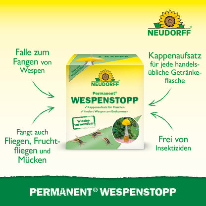 Mit dem insektizidfreiem  Permanent Wespenstopp Aufsatz von Neudorff für handelsübliche Flaschen fängst du Wespen, Fliegen, Fruchtfliegen und Mücken zuverlässig
