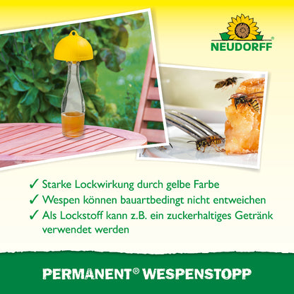 Neudorff Permanent WespenStopp Kappenaufsatz für Flaschen mit Wespenfalle im Einsatz und Wespen an Lebensmitteln, dazu Hinweise zur starken Lockwirkung, verhindertem Entkommen und Nutzung von zuckerhaltigem Lockstoff