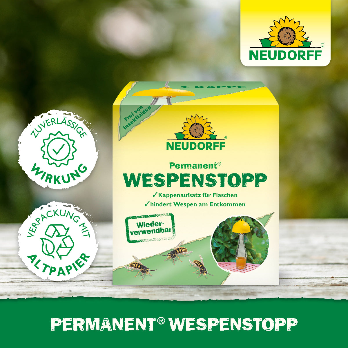 Verpackung des Permanent Wespenstopps und den Hinweisen auf eine zuverlässige Wirkung und einer Verpackung aus Altpapier 