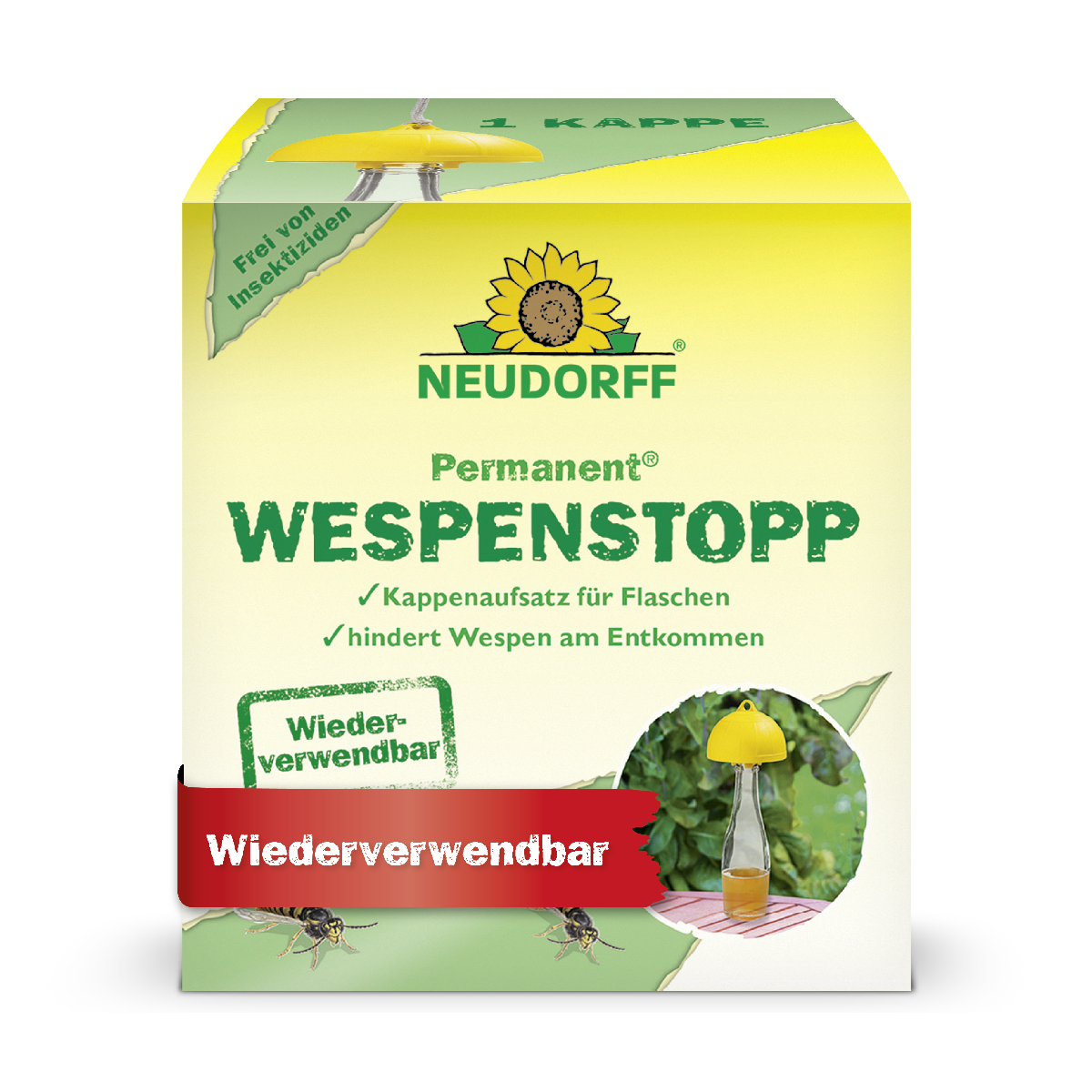 Verpackung des wiederverwendbarem Neudorff Permanent WespenStopp bei dem es sich um einen Kappenaufsatz für Flaschen handelt, der die Wespen am entkommen hindert