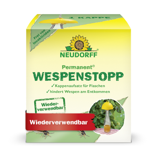 Verpackung des wiederverwendbarem Neudorff Permanent WespenStopp bei dem es sich um einen Kappenaufsatz für Flaschen handelt, der die Wespen am entkommen hindert