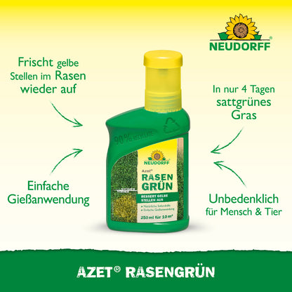 Das Produkt Azet RasenGrün von Neudorff und drumherum die USPs wie frischt gelbe Stellen im Rasen wieder auf oder in nur 4 Tagen sattgrünes Gras