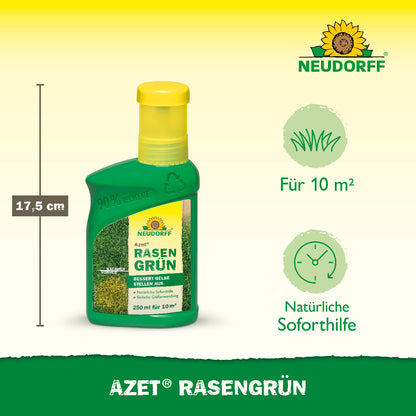 Abbildung des Produktes Azet RasenGrün von Neudorff sowie den Hinweisen für 10qm und natürliche Soforthilfe