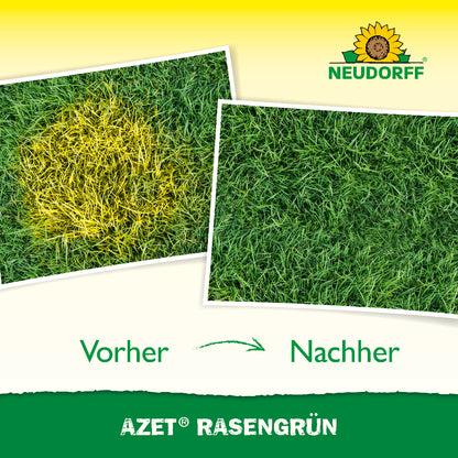Azet RasenGrün von Neudorff mit Vorher- und Nachherbild vom Rasen (vorher gelbe Stellen, hinterher sattgrüner Rasen)