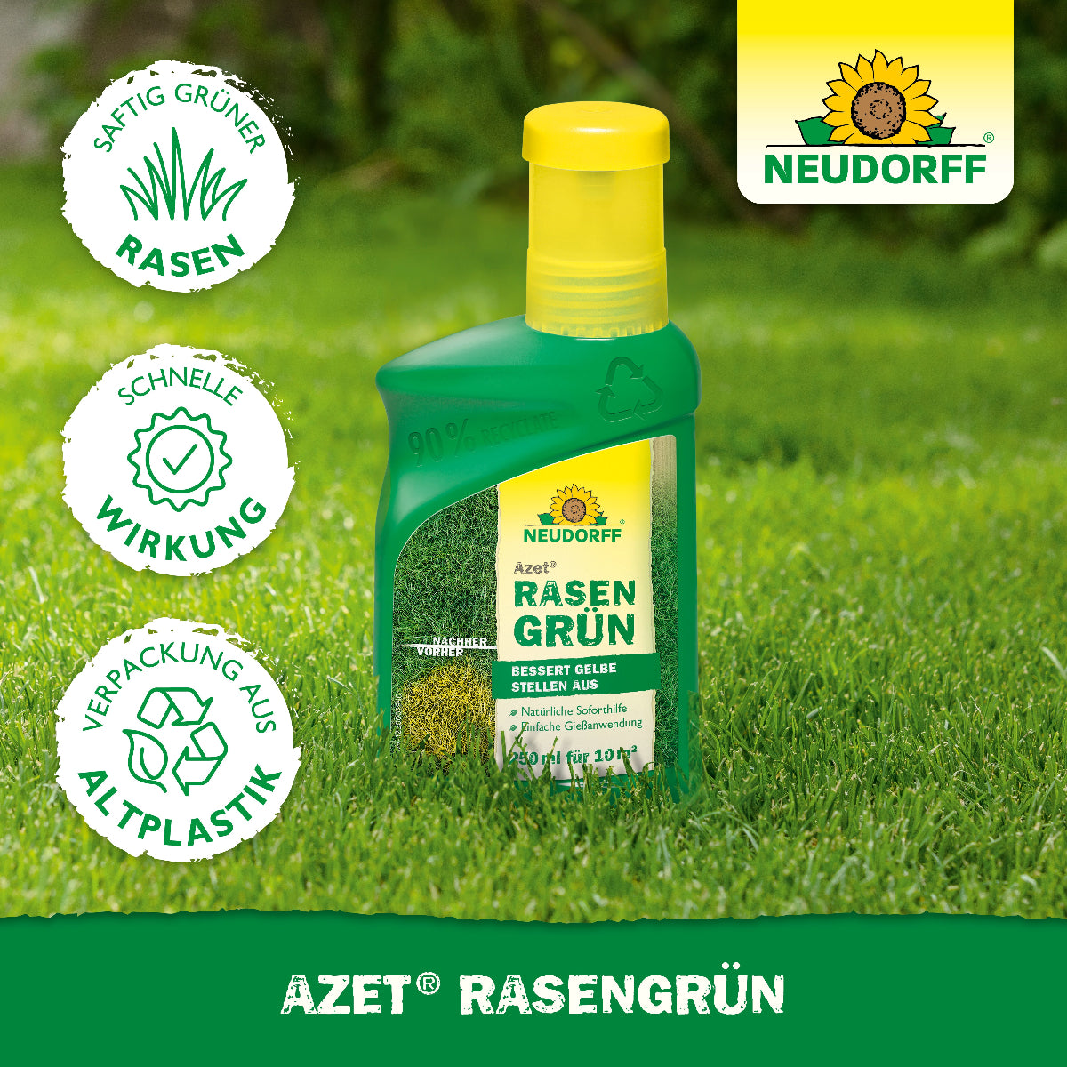 Das Produkt Azet RasenGrün von Neudorff steht auf einer  Rasenfläche und daneben sieht man 3 Icons: saftig grüner Raser, schnelle Wirkung, Verpackung aus Altplastik