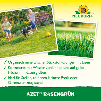 2 Bilder mit Rasen und darunter Fakten wie organisch mineralischer Stickstoff-Dünger mit Eisen zu Azet RasenGrün