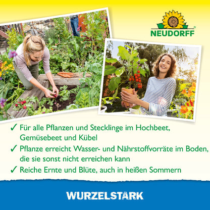 Dank Wurzelstark von Neudorff erreicht die Pflanze Wasser- und Nährstoffvorräte im Boden, die sie sonst nicht erreichen kann
