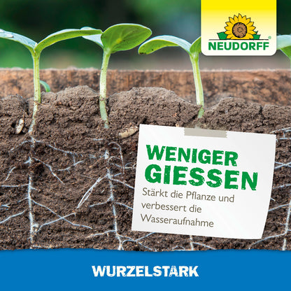 Wurzelstark von Neudorff stärkt laut Bild die Pflanze und verbessert die Wasseraufnahme
