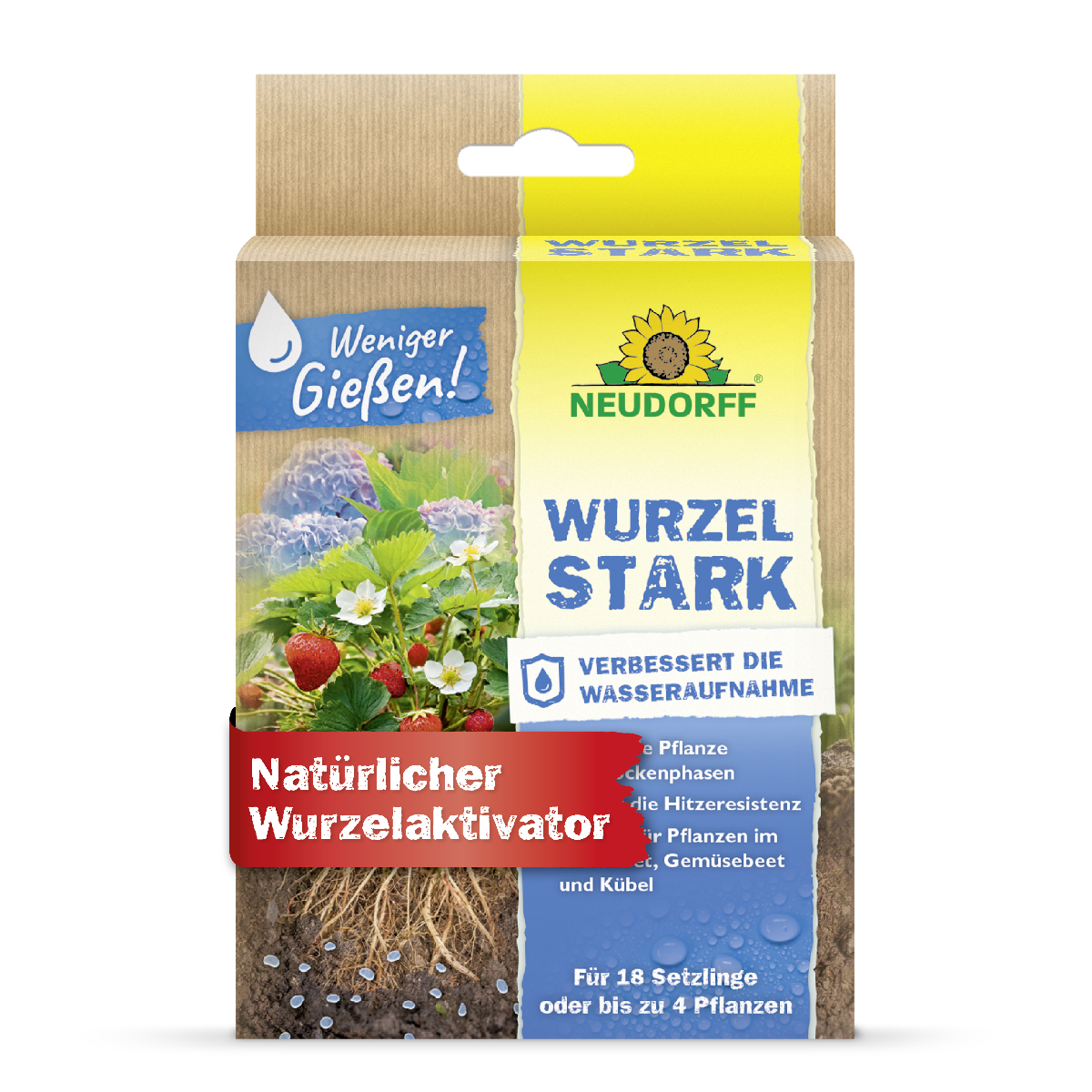 Wurzelstark von Neudorff ist ein natürlicher Wurzelaktivator, der die Wasseraufnahme von Pflanzen im Boden verbessert