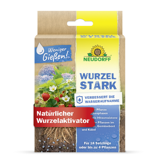 Wurzelstark von Neudorff ist ein natürlicher Wurzelaktivator, der die Wasseraufnahme von Pflanzen im Boden verbessert