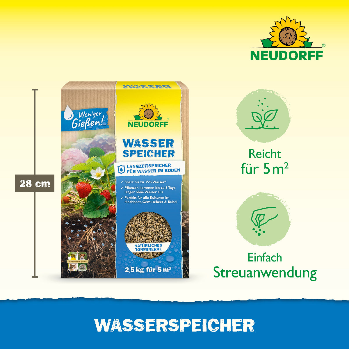 Der Wasserspeicher von Neudorff reicht für 5 qm und wird mit einer einfachen Streuanwendung ausgebracht