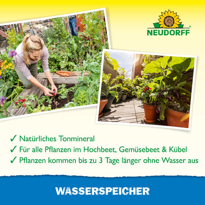 Der Wasserspeicher von Neudorff ist ein narürliches Tonmineral, durch das Pflanzen im Hochbeet, Gemüsebeet und Kübel bis zu 3 Tage länger ohne Wasser auskommen