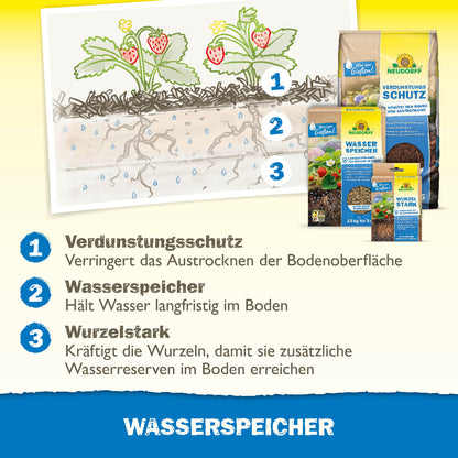 Verdunstungsschutz (verringert das Austrocknen der Bodenoberfläche), Wasserspeicher (hält Wasser langfristig im Boden) und Wurzelstark (kräftigt die Wurzeln, damit sie zusätzliche Wasserreserven im Boden erreichen)