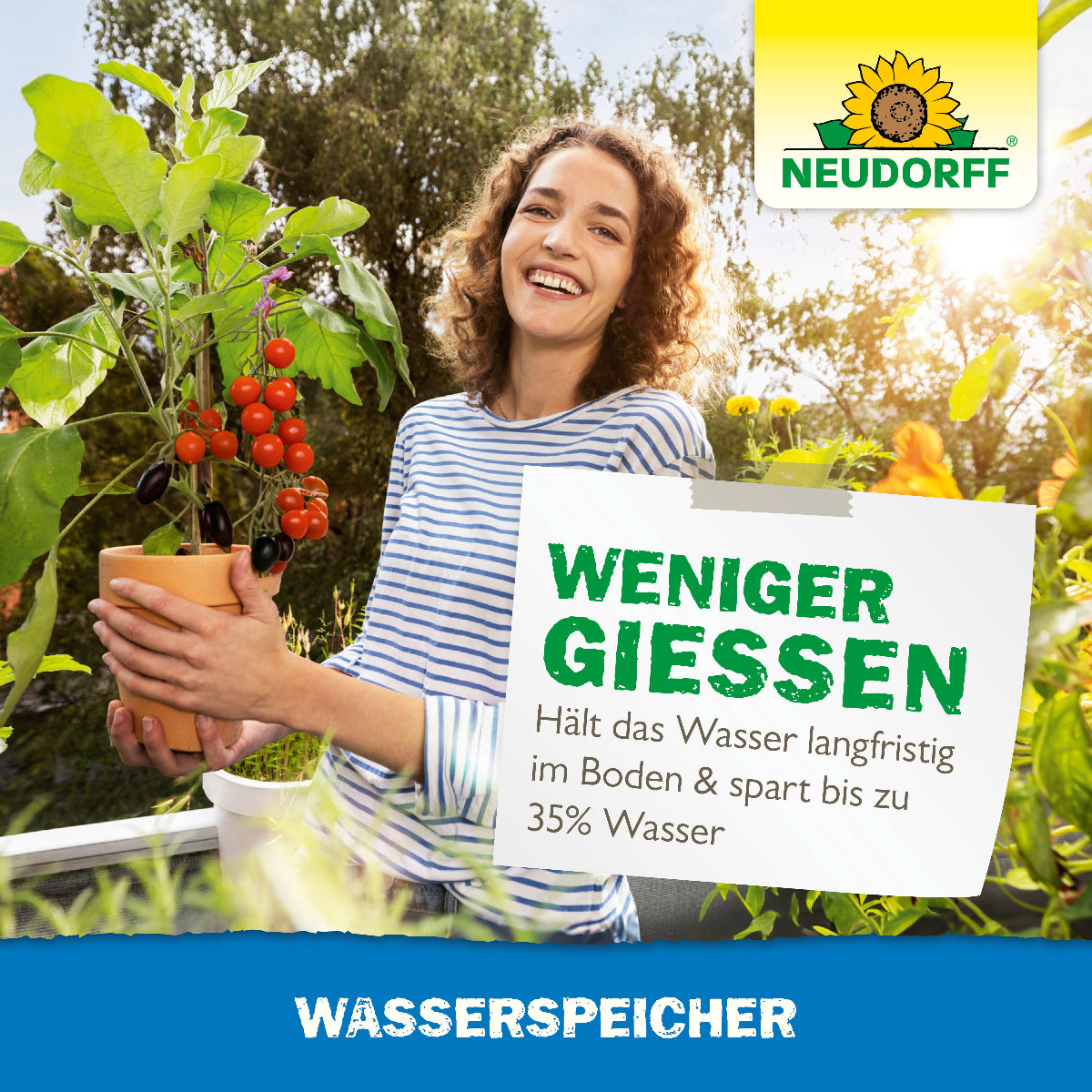 Mit dem Wasserspeicher von Neudorff weniger gießen, da der Speicher das Wasser langfristig im Boden hält und man so bis zu 35% Wasser spart